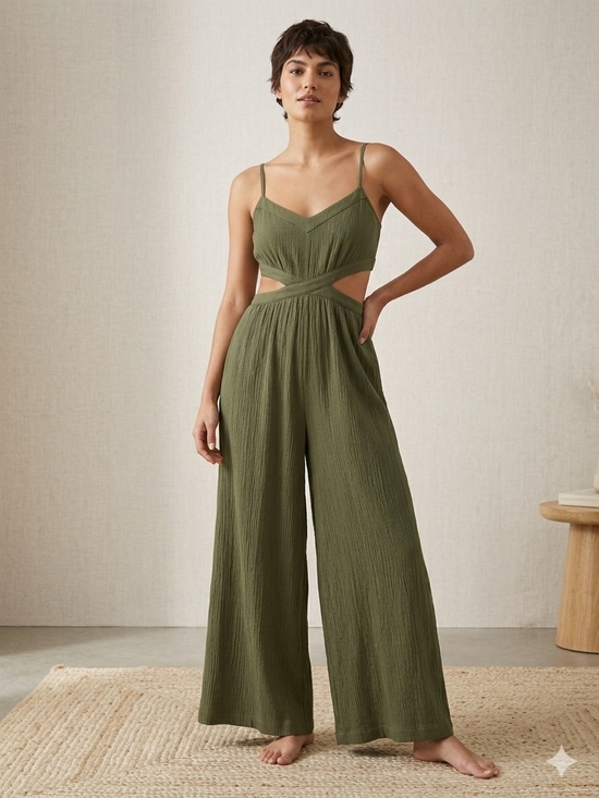 aerie Pants - aerie Olive Green Wide-Leg Cutout Jumpsuit with Spaghetti Straps